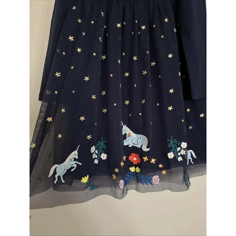 Hanna Andersson Long Sleeve Blue Embroidered Unicorn Tulle Dress Girls SZ 8